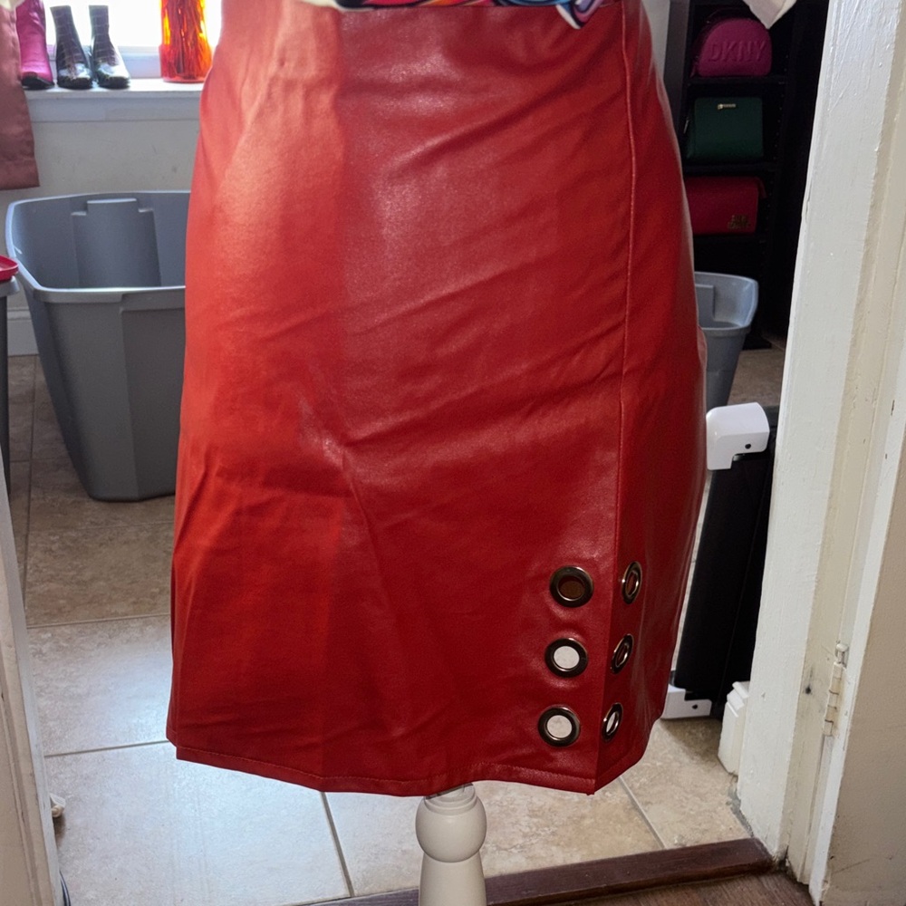 Red Leather Skirt with Grommet Detail